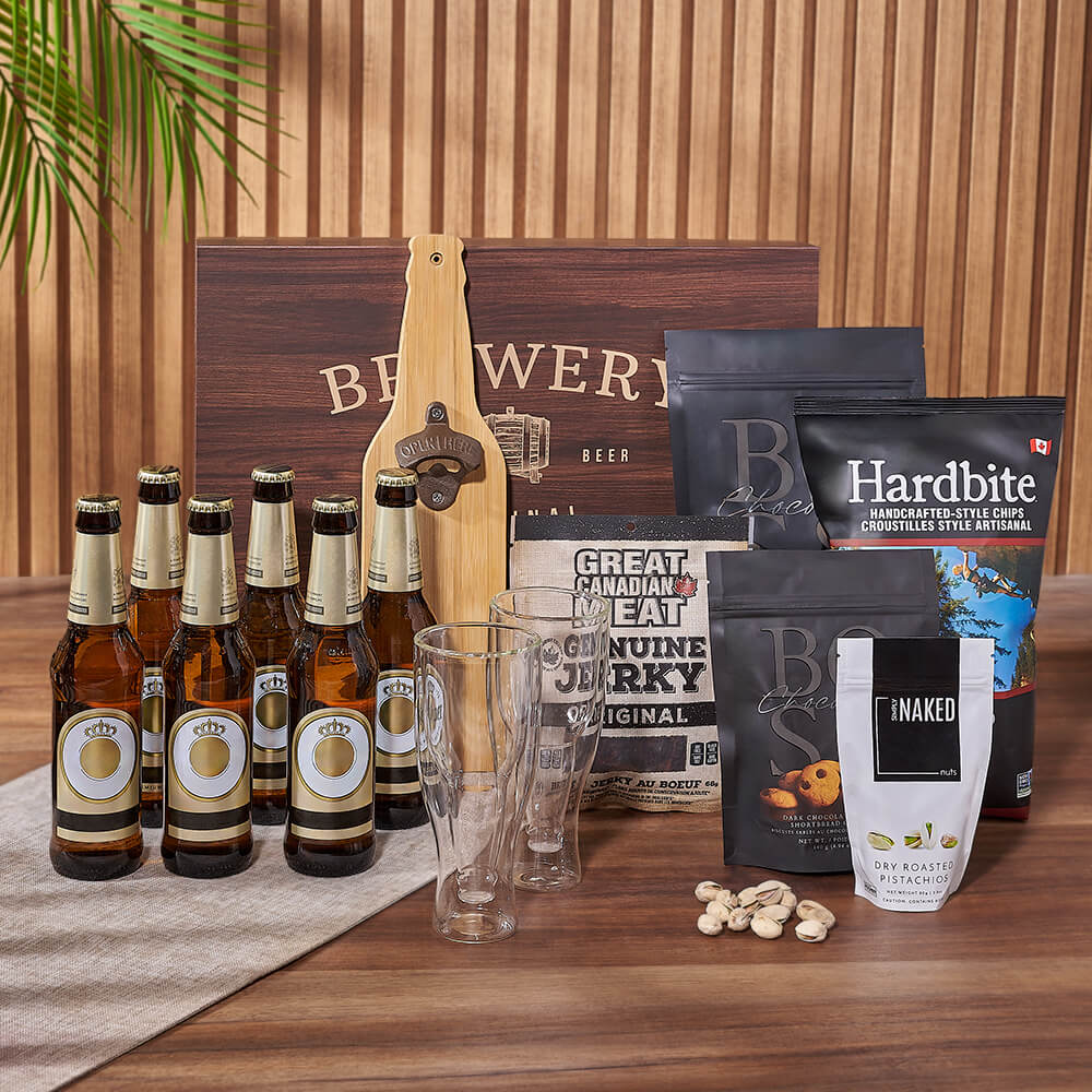 Craft Beer Gift Basket with Beef Jerky and Artisanal Treats – how the gift is presented