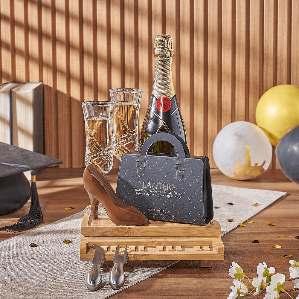 Graduating in Style Gift Set, graduation gift, graduation, chocolate gift, chocolate, champagne gift, champagne, sparkling wine gift, sparkling wine, Los Angeles delivery