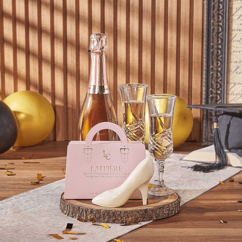 Sparkling Wine Graduation Gift with Gourmet Treats and Serving Board – how the gift is presented