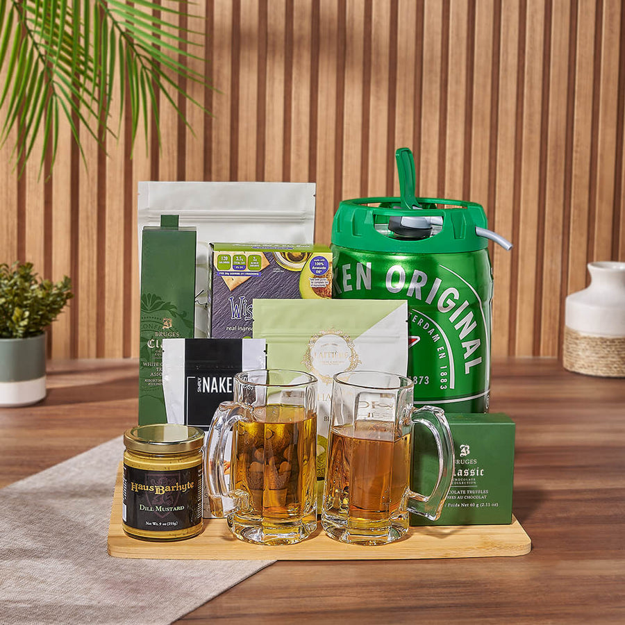 Gourmet Beer Keg Gift Basket – gift basket with keg of beer, boss white chocolate caramel pretzel popcorn with pecans and wisecrackers avocado oil &