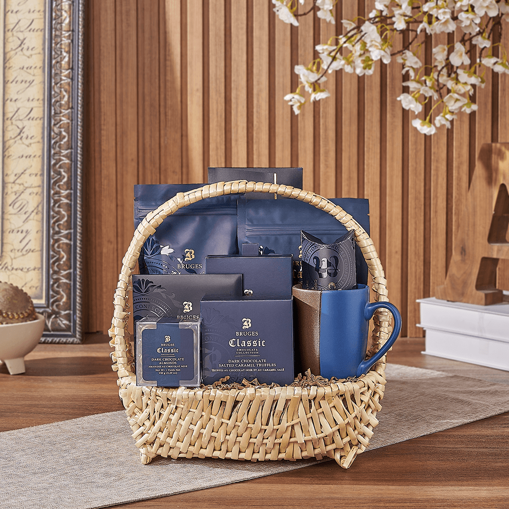 Medium Wide Boat Basket with Halal Bruges Dark Chocolate and Two-Tone Mug – how the gift is presented