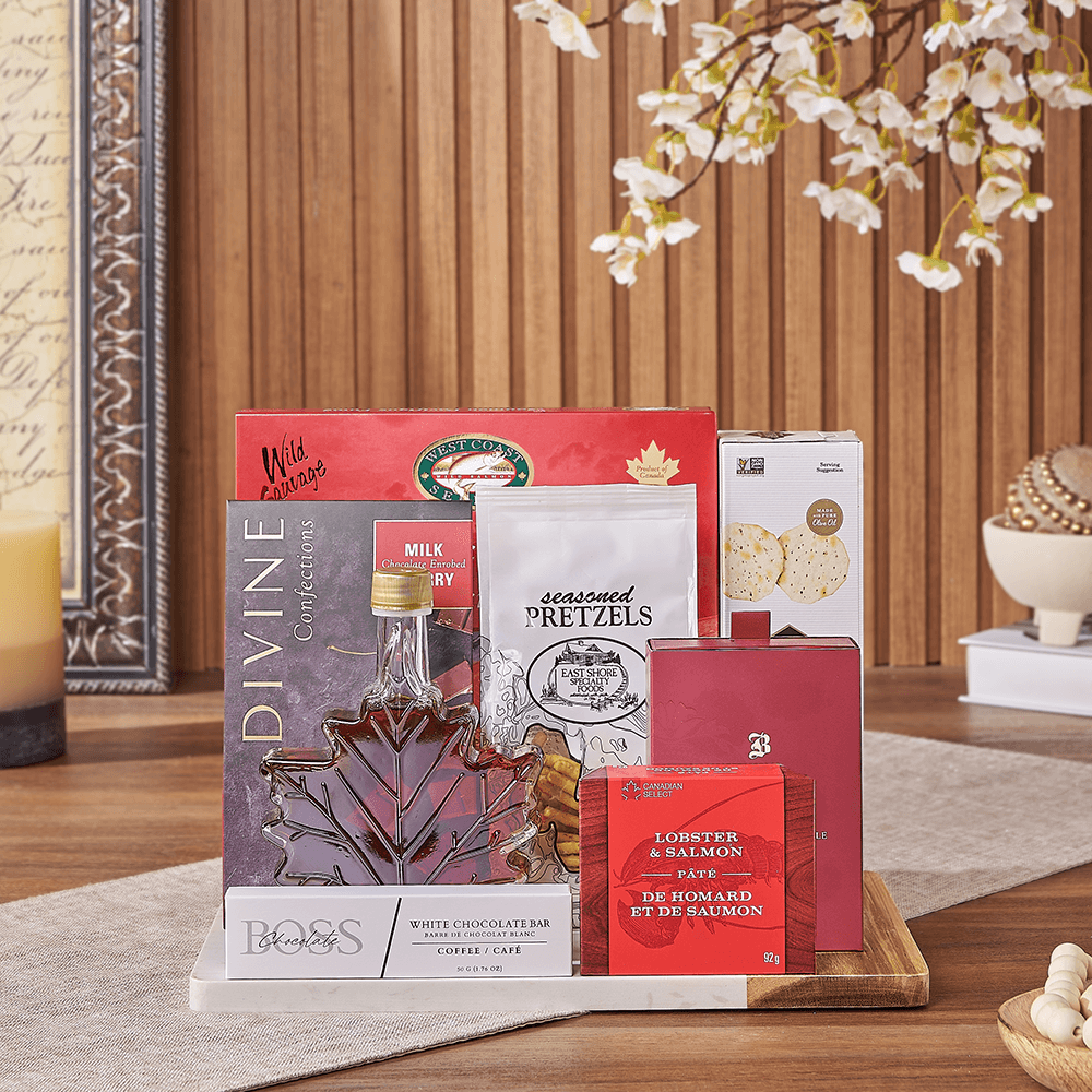 Halal Smoked Salmon and Chocolate Gift Basket with Serving Board – how the gift is presented