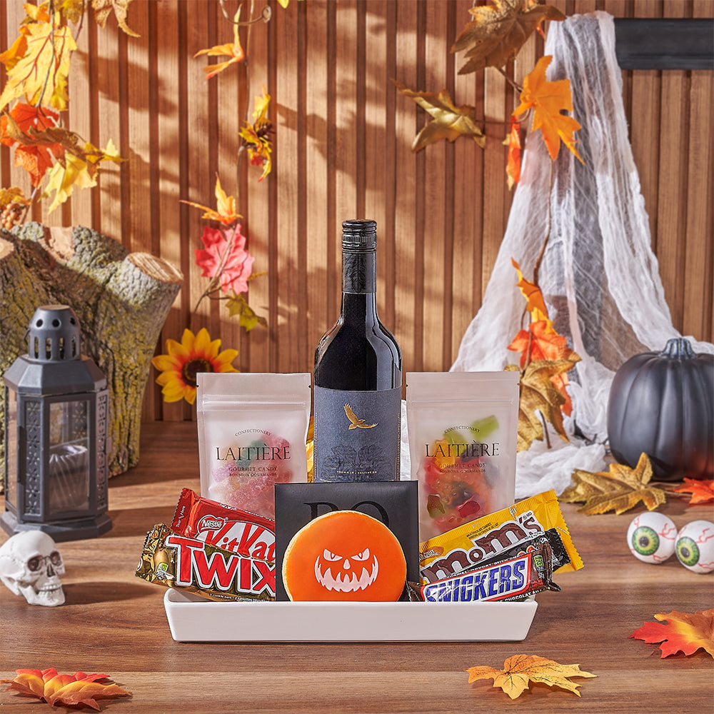 Halloween Wine &amp; Treat Platter, wine gift, wine, chocolate gift, chocolate, halloween gift, halloween, Los Angeles delivery