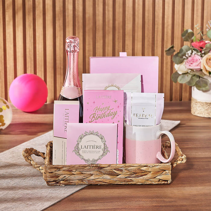 Happy Birthday Tea & Bubbly Tray, champagne gift, champagne, sparkling wine gift, sparkling wine, chocolate gift, chocolate, birthday gift, birthday, Los Angeles delivery