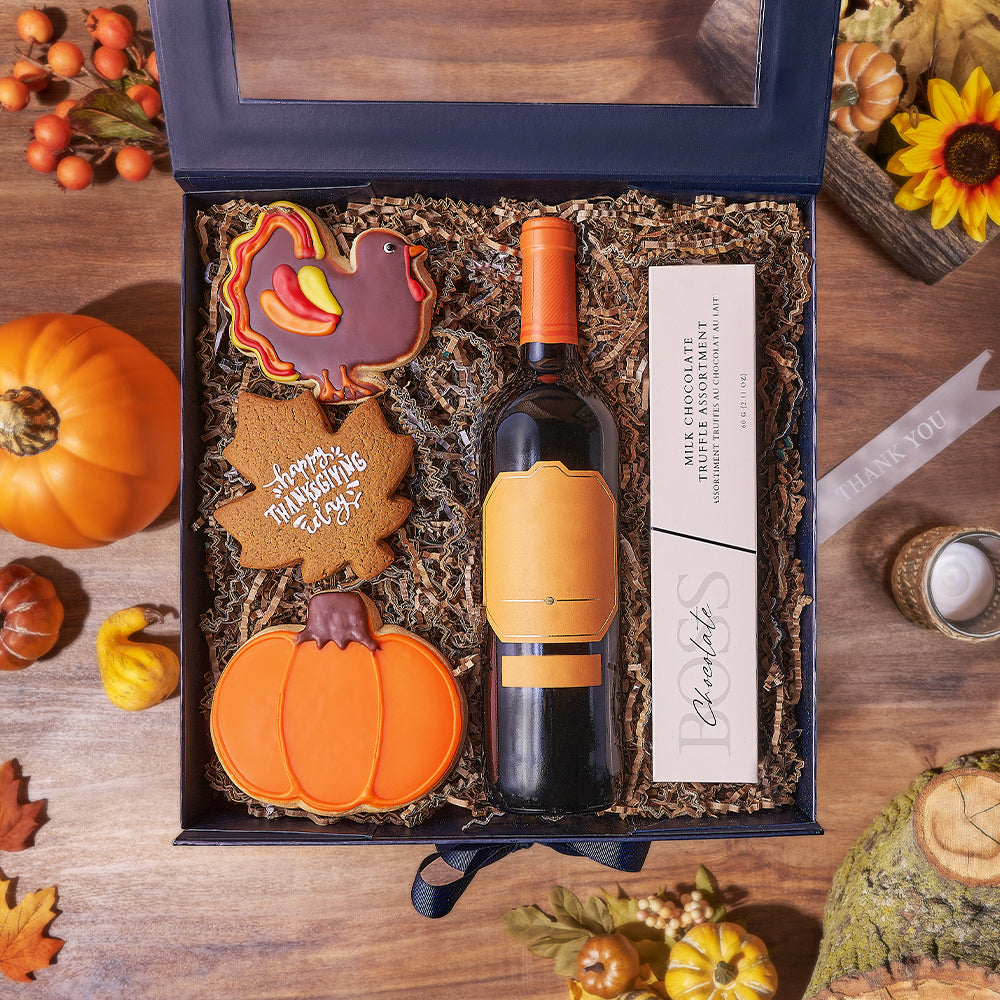 Happy Thanksgiving Wine &amp; Cookie Box, thanksgiving gift, thanksgiving, wine gift, wine, chocolate gift, chocolate, Los Angeles delivery