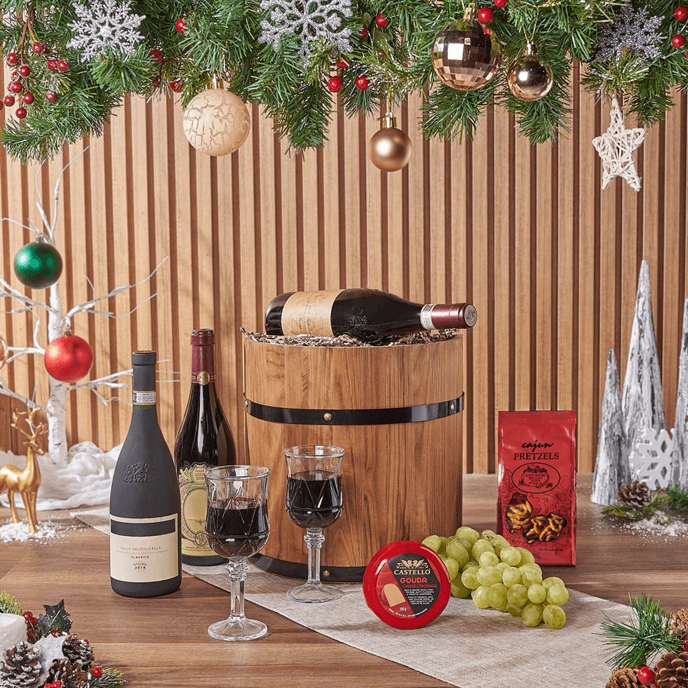 Holiday Fine Wine &amp; Cheese Barrel, wine gift, wine, cheese gift, cheese, fruit gift, fruit, christmas gift, christmas, holiday gift, holiday, Los Angeles delivery