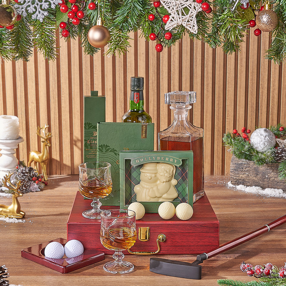 Holiday Golf &amp; Liquor Gift Basket, liquor gift, liquor, chocolate gift, chocolate, golf gift, golf, Los Angeles delivery