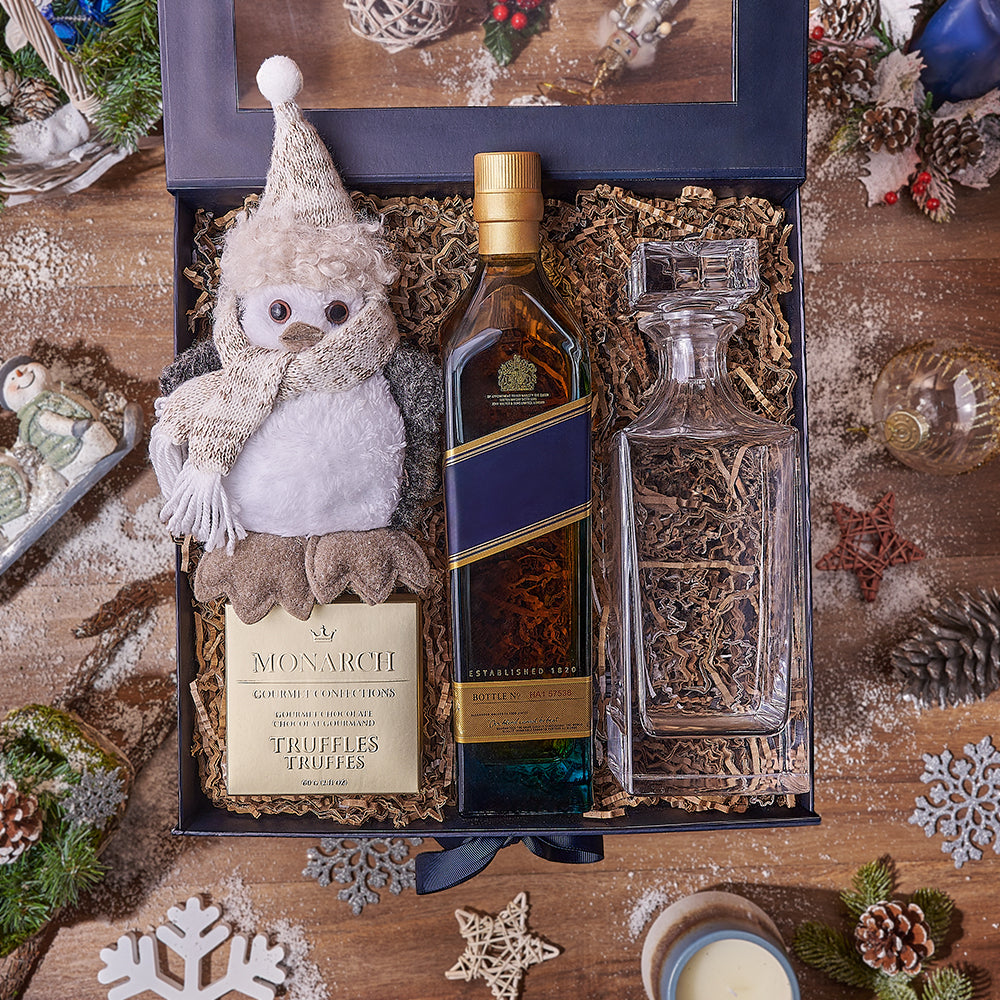 Holiday Liquor Decanter &amp; Treats Basket, liquor gift, liquor, chocolate gift, chocolate, decanter gift, decanter, christmas gift, christmas, Los Angeles delivery