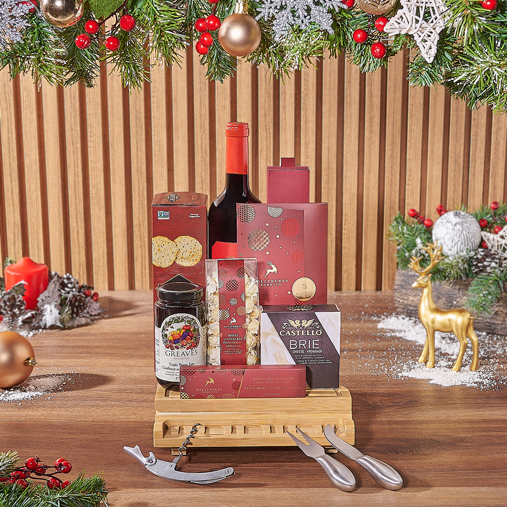 Holiday Wine &amp; Cheese Snack Basket, wine gift, wine, chocolate gift, chocolate, christmas gift, christmas, Los Angeles delivery