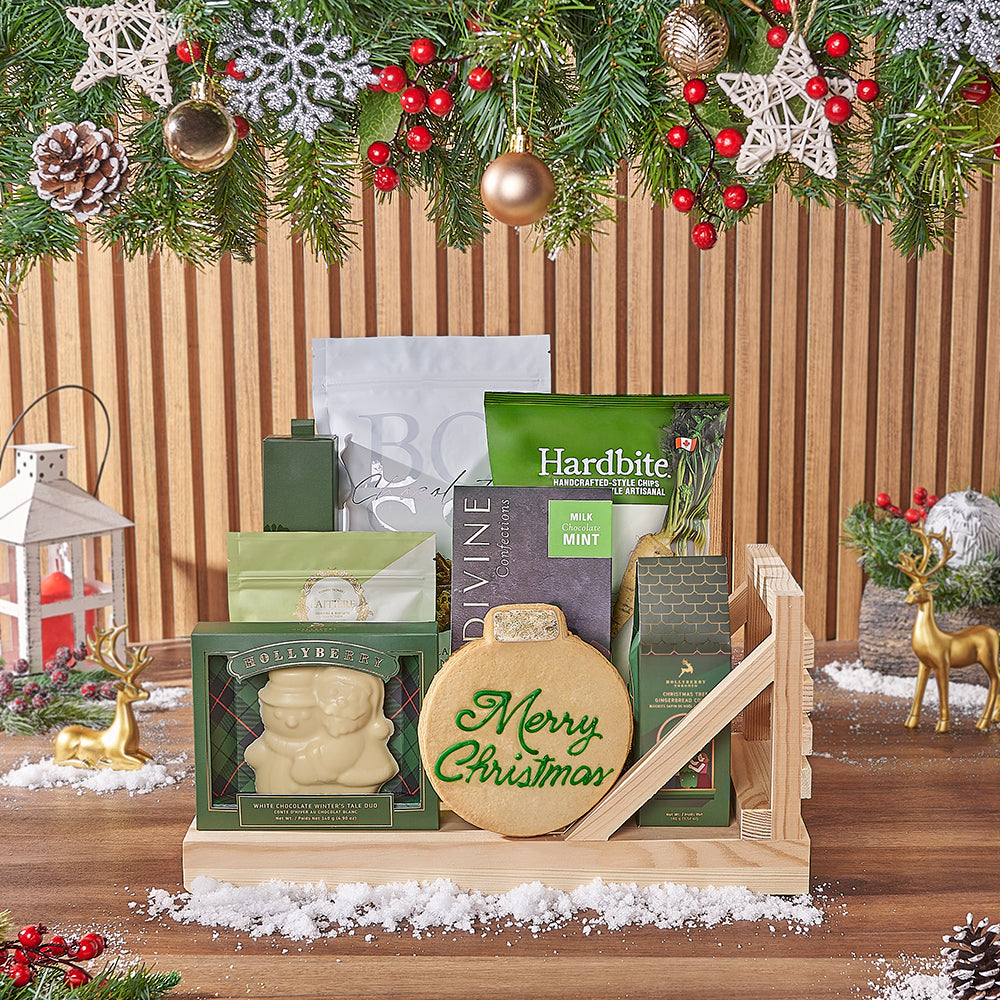 White Chocolate Christmas Snack Gift Basket – how the gift is presented