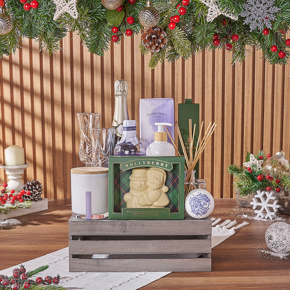 Joyful Champagne &amp; Spa Gift Crate, Christmas gift, Christmas, champagne gift, champagne, sparkling wine gift, sparkling wine, chocolate gift, chocolate, Los Angeles delivery