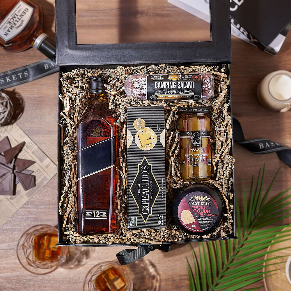 Whiskey Gift Basket Featuring Chipotle Gouda and Crackers – how the gift is presented