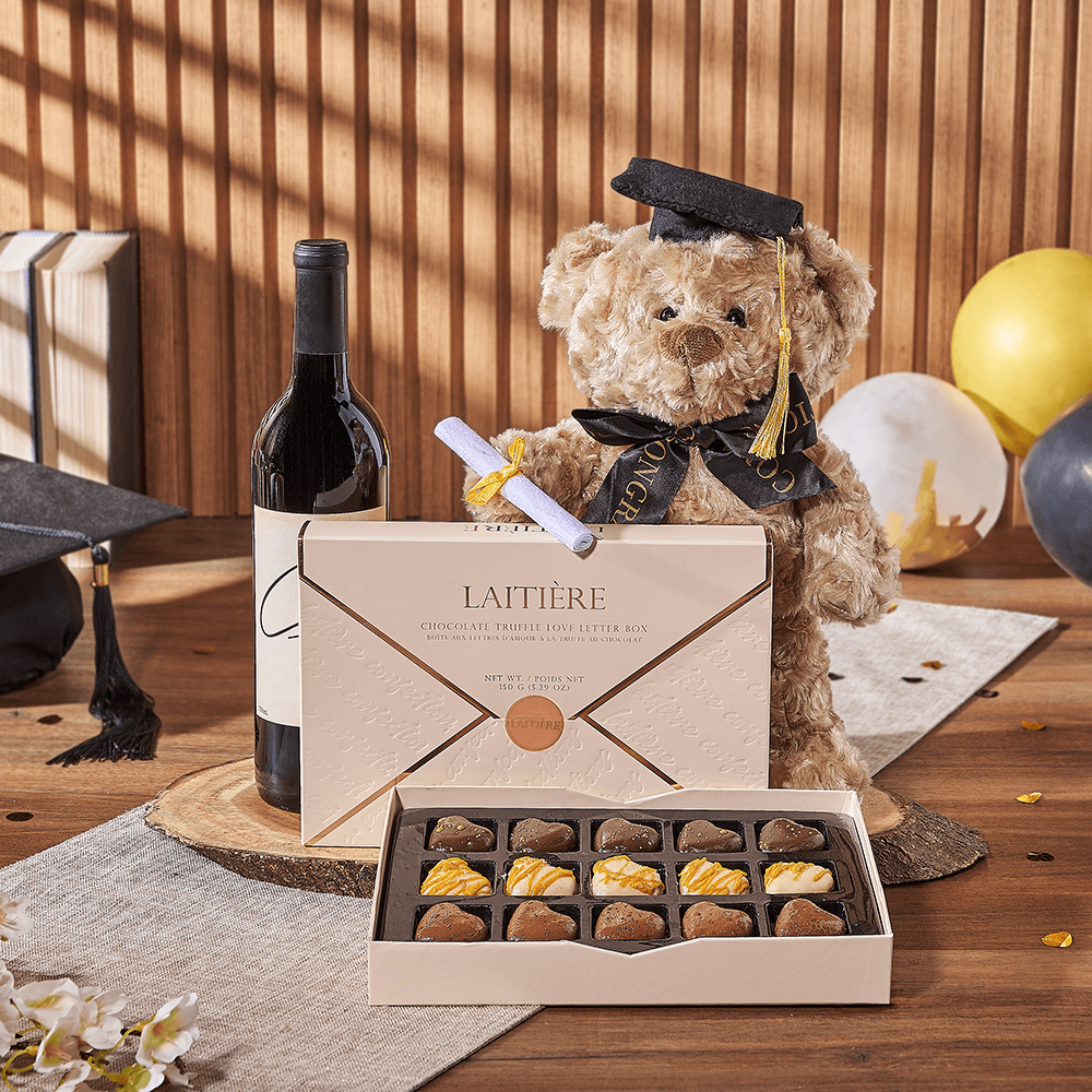 Love Letter Graduation Basket with Wine and Laitière Chocolates – how the gift is presented