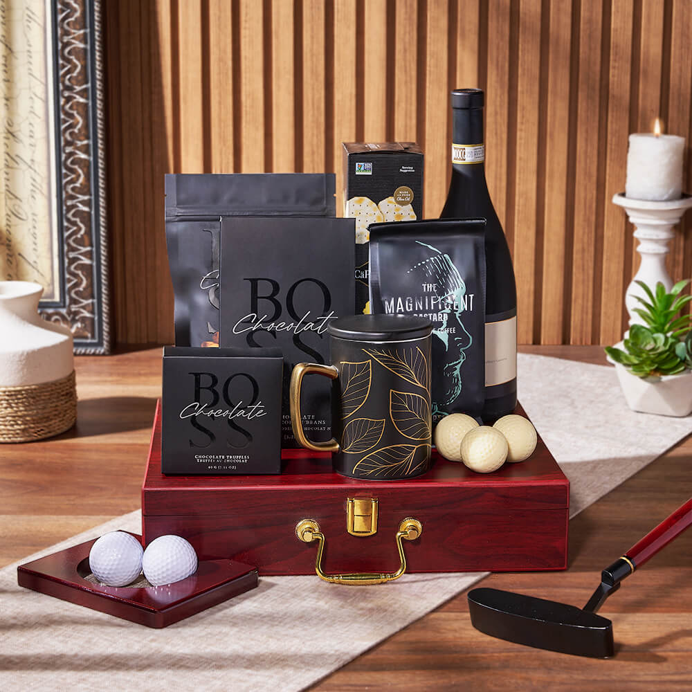 Luxe Putting & Wine Gift Set, wine gift, wine, coffee gift, coffee, chocolate gift, chocolate, golf gift, golf, putting gift, putting, Los Angeles delivery