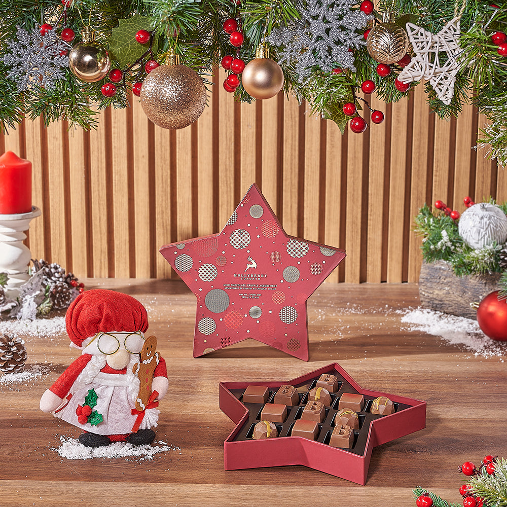 Holiday Assorted Gourmet Chocolate Truffles Gift Basket with Plush Mrs. Claus – how the gift is presented