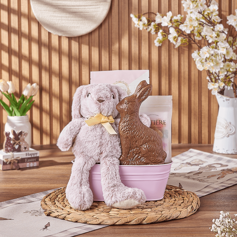 Deluxe Easter Gift Collection in Pink Bucket with Plush Bunny – how the gift is presented