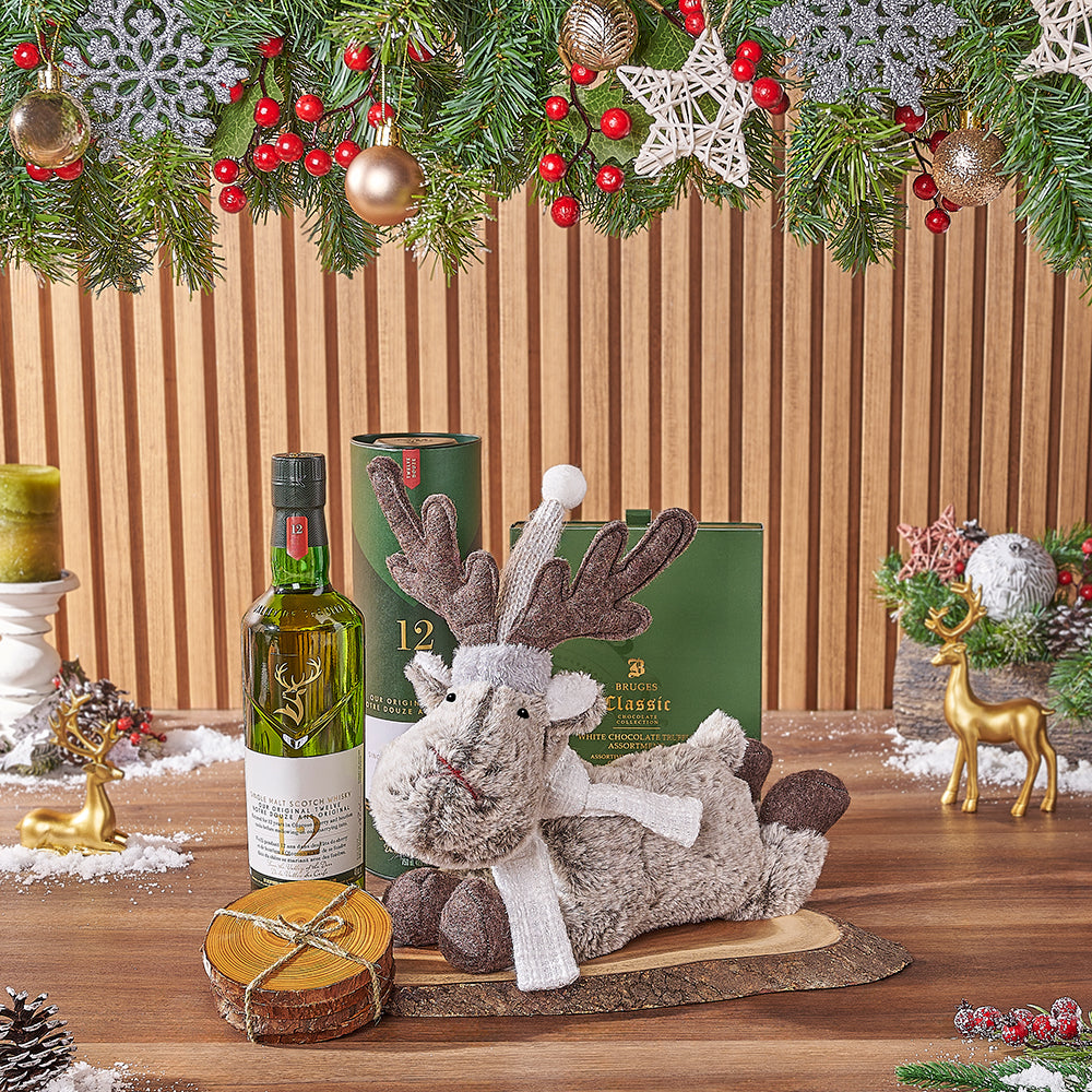 Holiday Whiskey Gift Basket with White Chocolate Truffles and Wooden Coasters – how the gift is presented