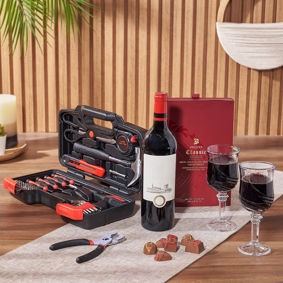 Practical Wine & Tool Gift, wine gift, wine, tool gift, tools, chocolate gift, chocolate, Los Angeles delivery