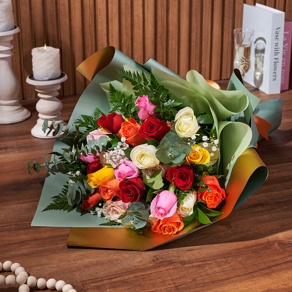Premium 12-Stem Multicoloured Rose Bouquet with Baby's Breath – how the gift is presented