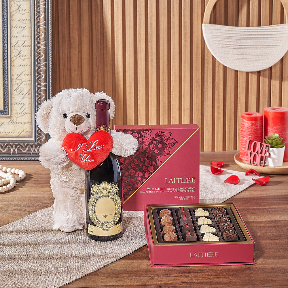 Red Wine and Truffle Valentine's Basket – how the gift is presented