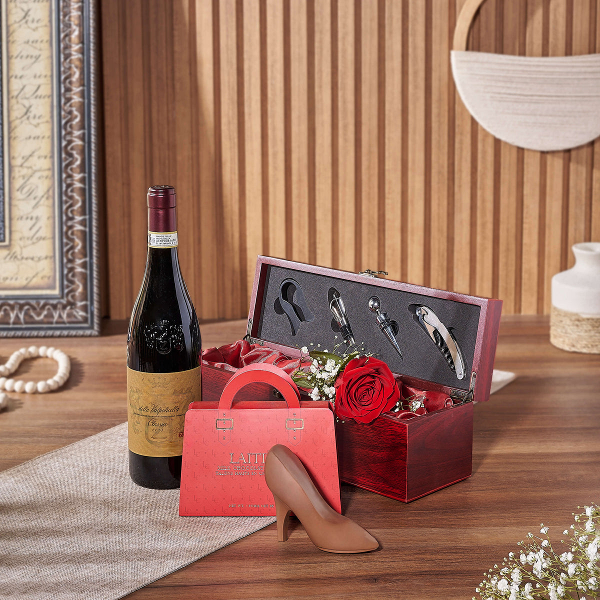 Rose and Wine Gift Box, wine gift, wine, rose gift, rose, chocolate gift, chocolate, Los Angeles delivery