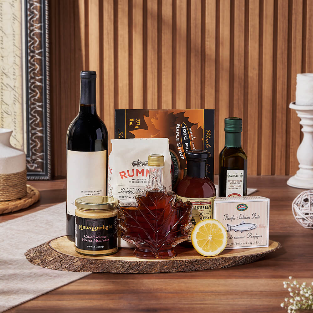 Wine Gift Basket Featuring Gourmet Salmon Pâté and Dried Pasta – how the gift is presented