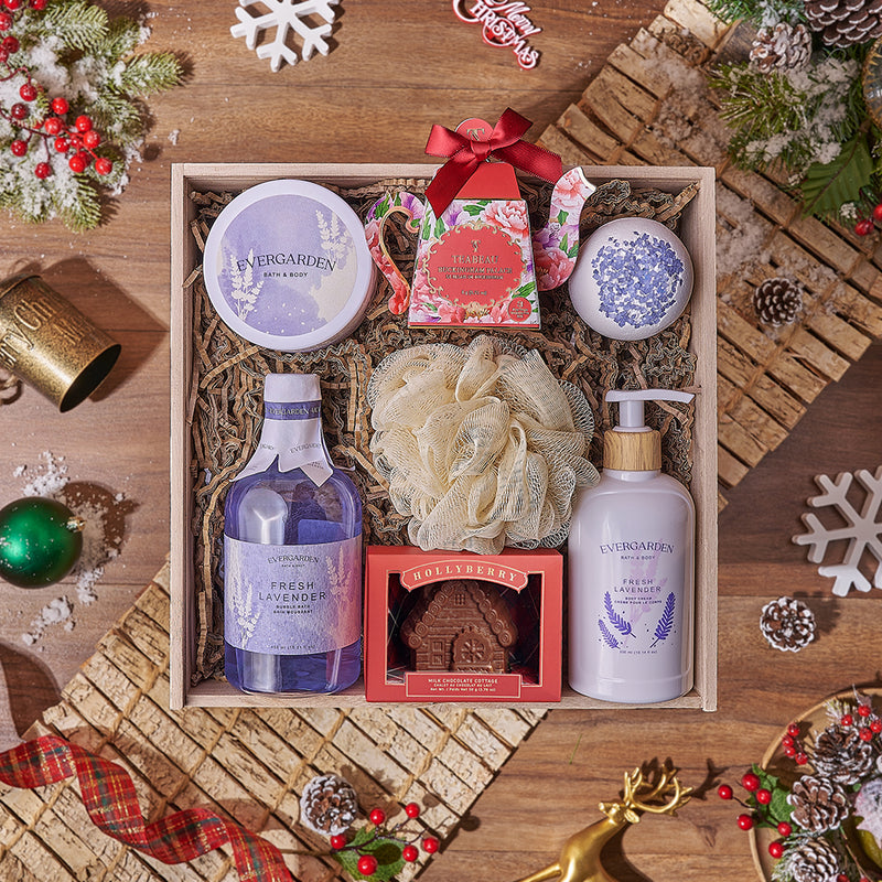 Serene Christmas Gift Box, chocolate gift, chocolate, Christmas gift, Christmas, tea gift, tea, spa gift, spa, bath gift, bath, Los Angeles delivery
