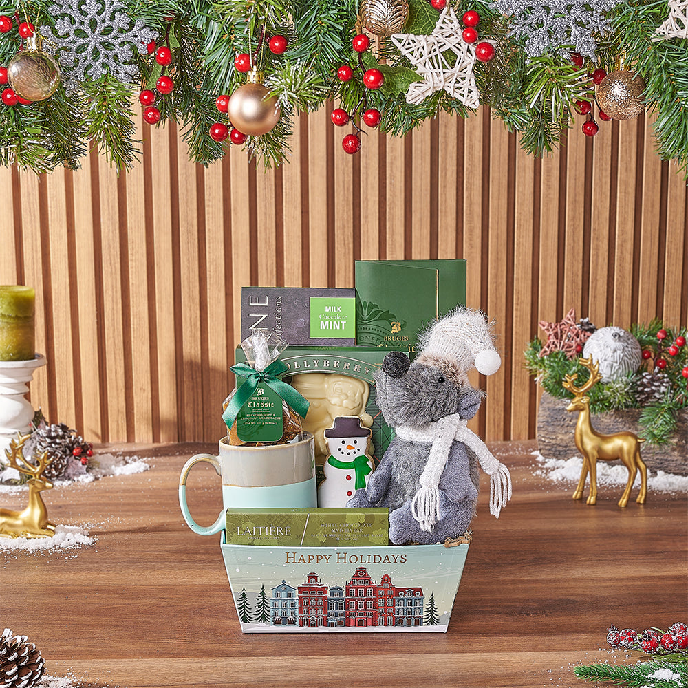 Holiday Chocolate and Plush Mouse Basket – how the gift is presented