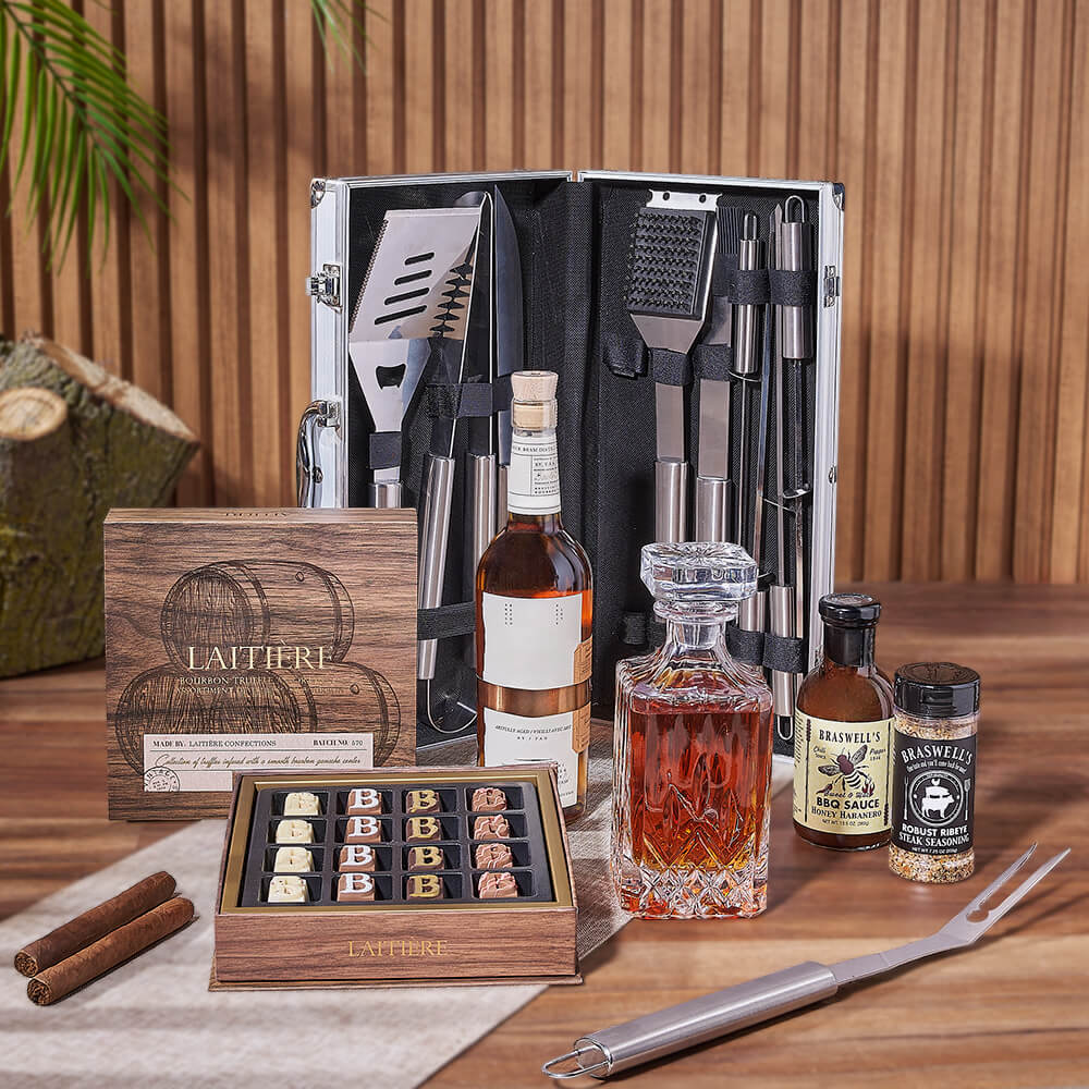 Grill Master Liquor Gift Basket with Full BBQ Utensil Set – how the gift is presented