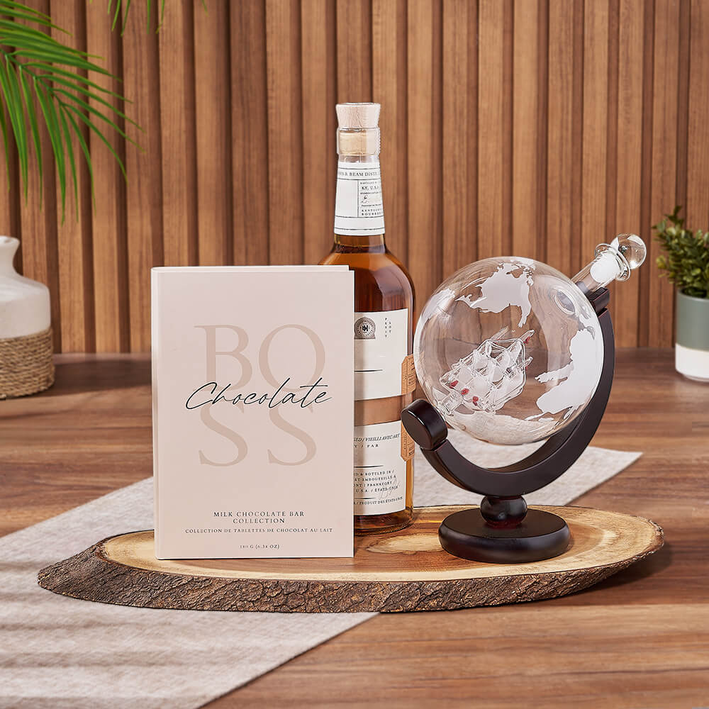 Premium Whiskey and BOSS Milk Chocolate Bars Gift Basket – how the gift is presented