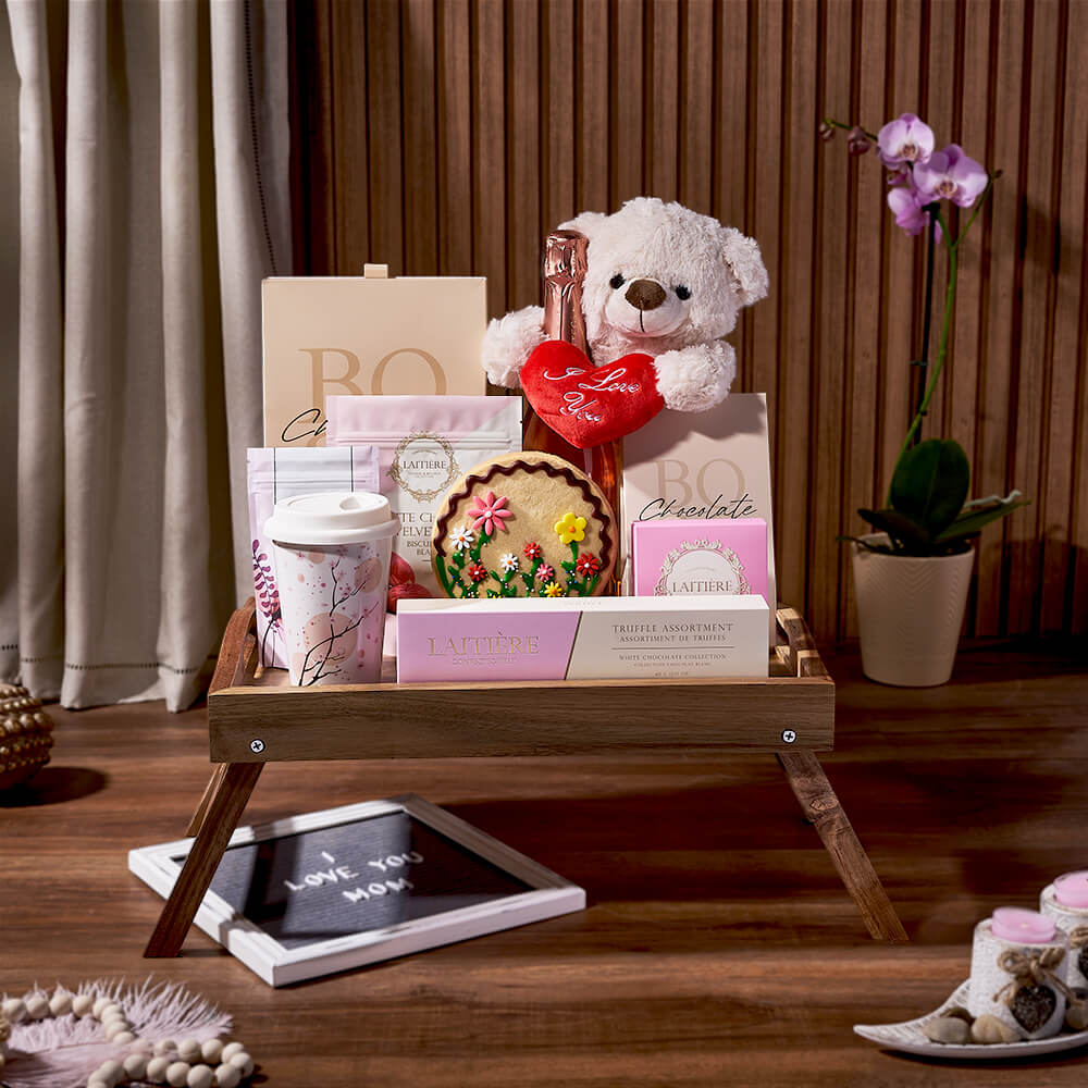 Sparkling Wine Gift Basket with Plush Teddy Bear and Gourmet Treats for Mom – how the gift is presented