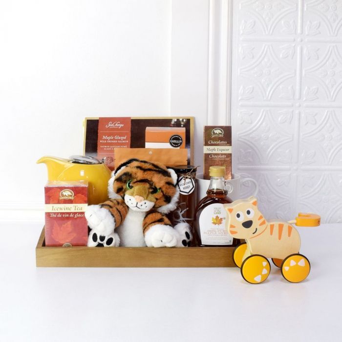 Baby Maple Treats Gift Basket – gift basket with hape dante push & go, perfectly plush floppy friends tiger and dark wood tray