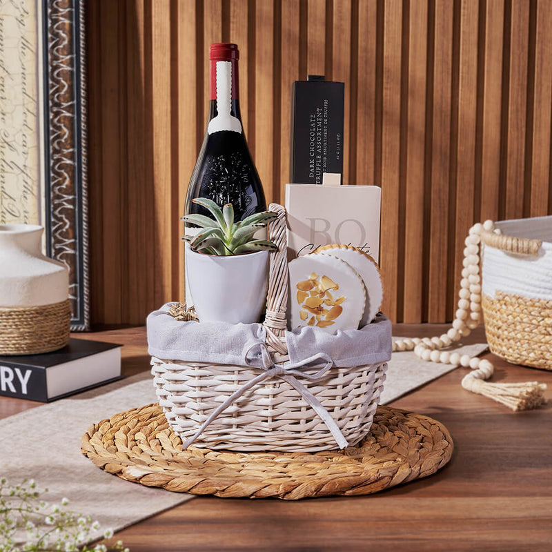Sweet Succulent & Wine Gift Basket, wine gift, wine, chocolate gift, chocolate, plant gift, plant, Los Angeles delivery