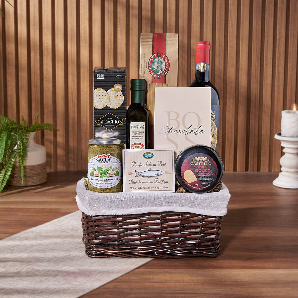 Premium Wine Gift Basket with Olive Oil and Cheese Selection – how the gift is presented