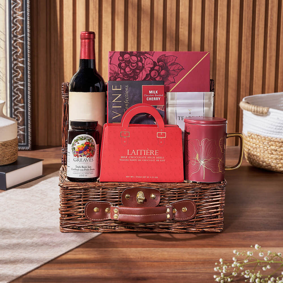 Tea & Sweets Wine Basket, wine gift, wine, tea gift, tea, chocolate gift, chocolate, Los Angeles delivery