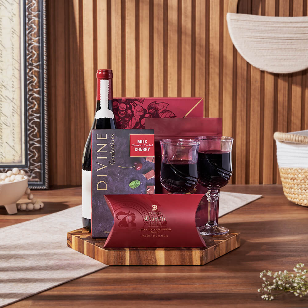 Wine Gift Basket with Gourmet Chocolates, Wooden Serving Board, and Glassware – how the gift is presented
