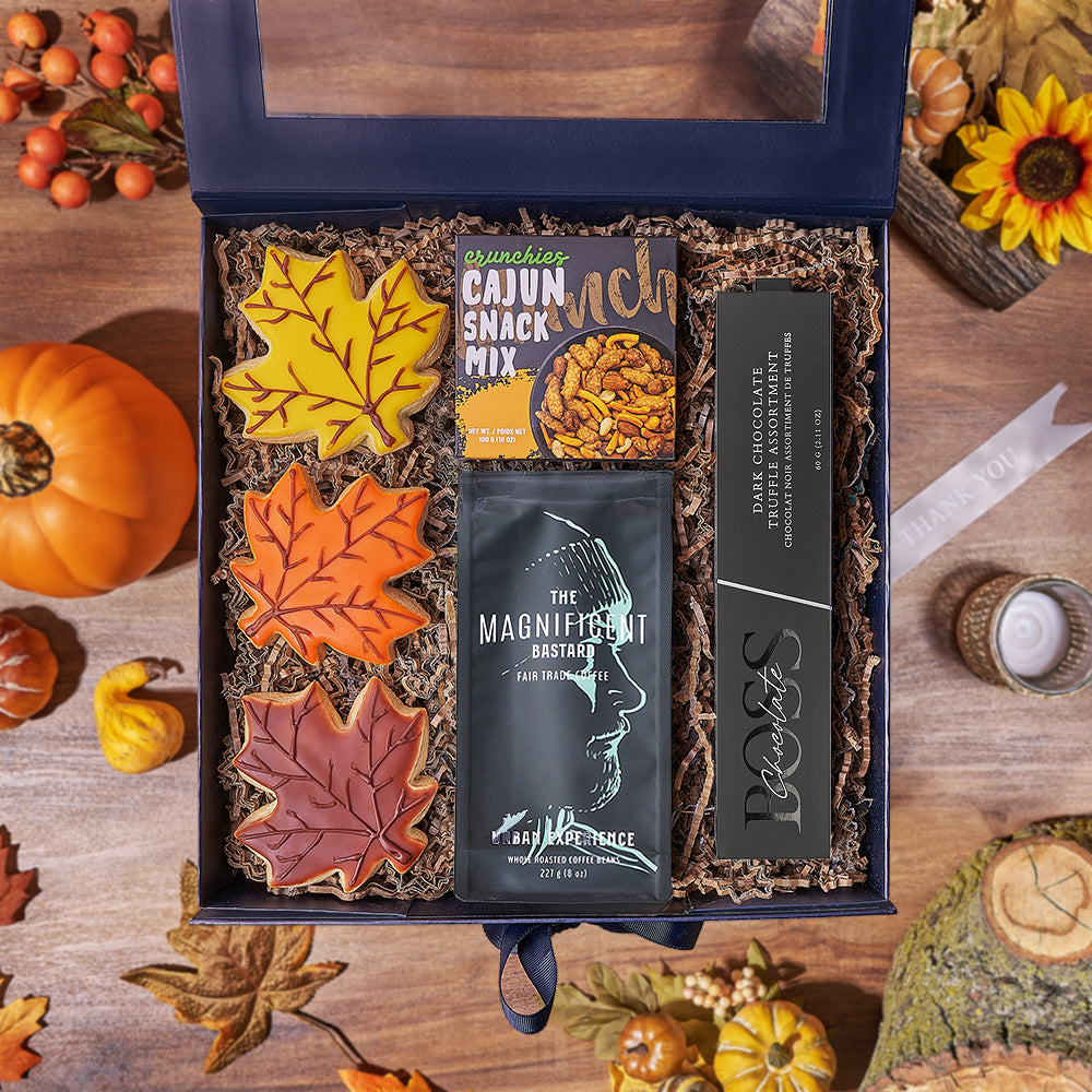 Black Gift Box with Coffee, Truffles, and Holiday Cookies Gift Basket – how the gift is presented