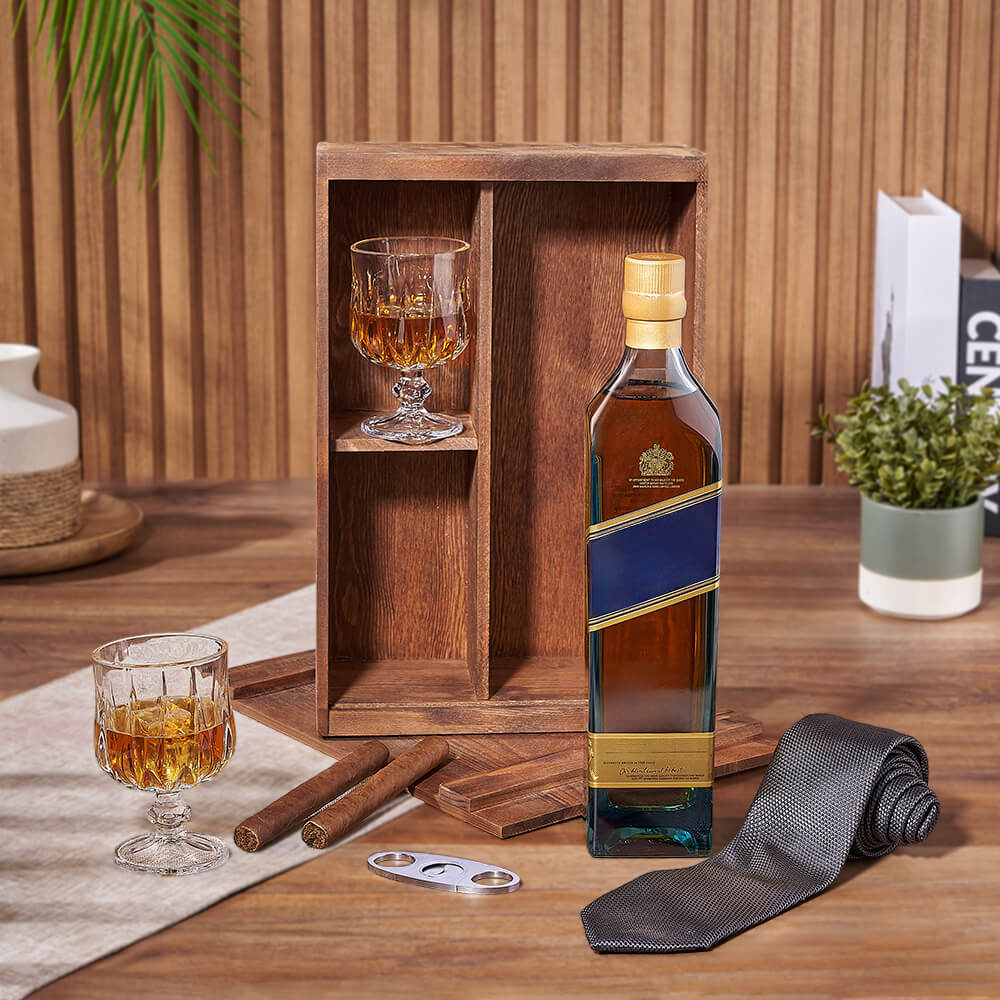 Premium Liquor Gift Basket Featuring Two Cigars and Wooden Decanter Box – how the gift is presented