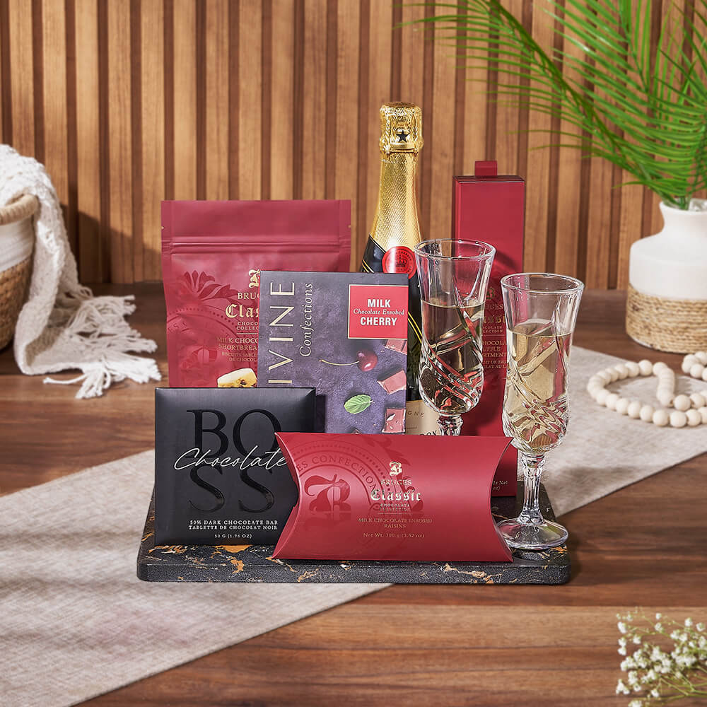 Sparkling Wine and Artisan Chocolate Truffles Basket Gift – how the gift is presented