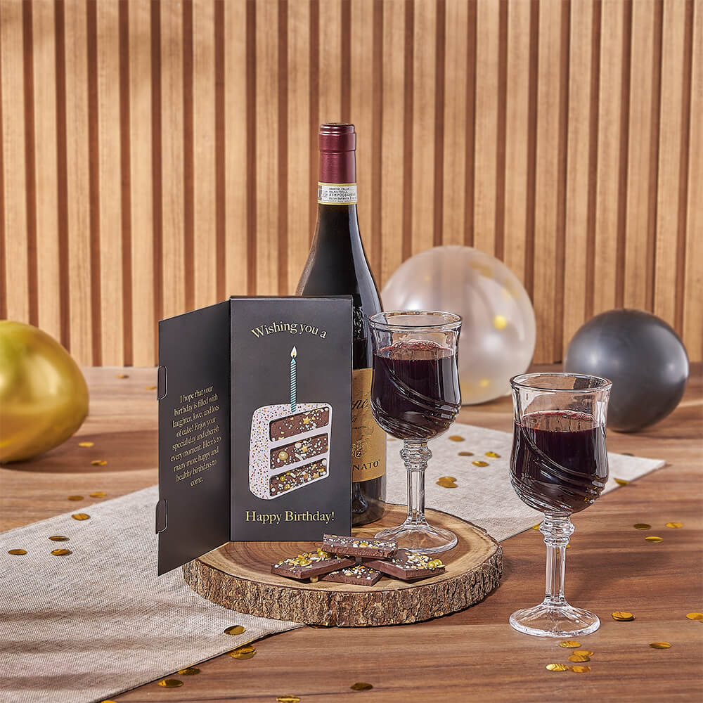 Birthday Wine and Laitière Dark Chocolate Gift Basket – how the gift is presented