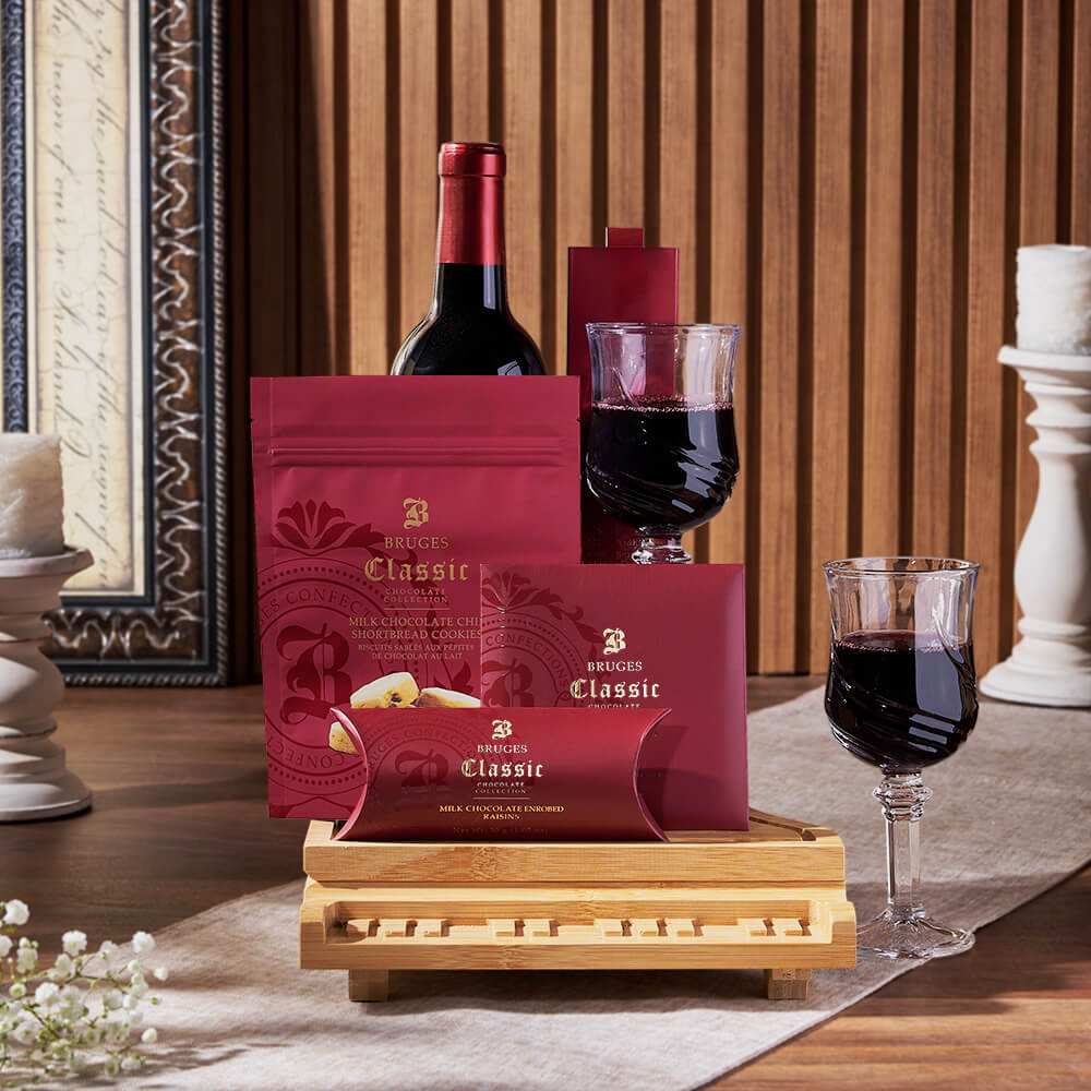 The Sweet Temptations Gourmet Wine Basket, wine gift, wine, chocolate gift, chocolate, cookie gift, cookie, Los Angeles delivery