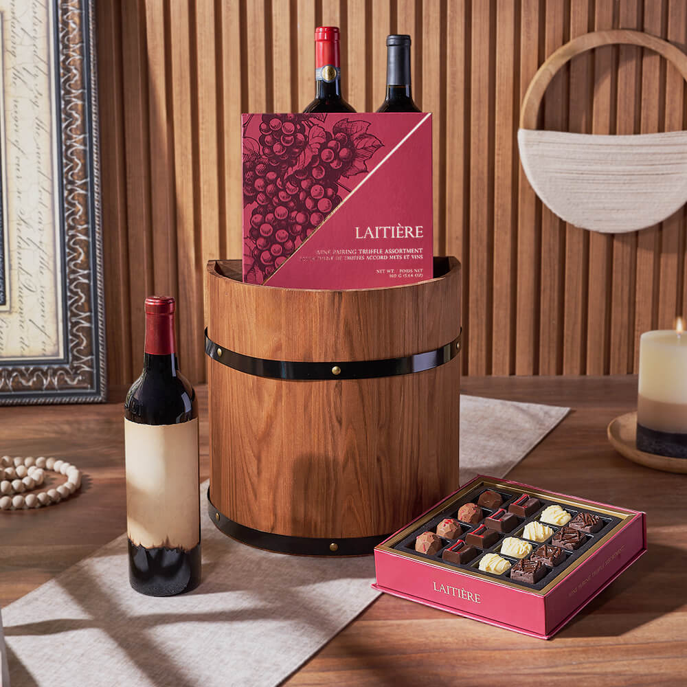 Three-Bottle Wine and Truffles Gift Barrel – how the gift is presented
