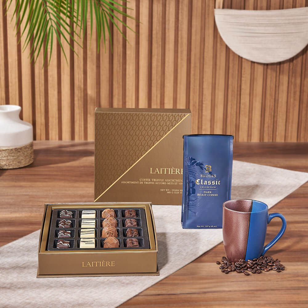 Gourmet Bruges Coffee and Laitière Truffle Gift Basket – how the gift is presented