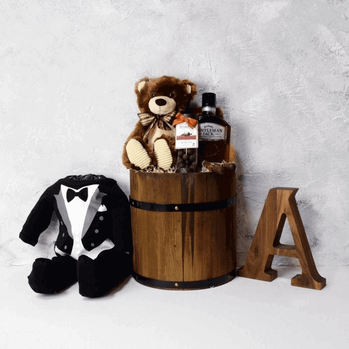 Whiskey Gift Basket with Baby Boy Tux Sleeper and Marich Dark Chocolate Caramels – how the gift is presented
