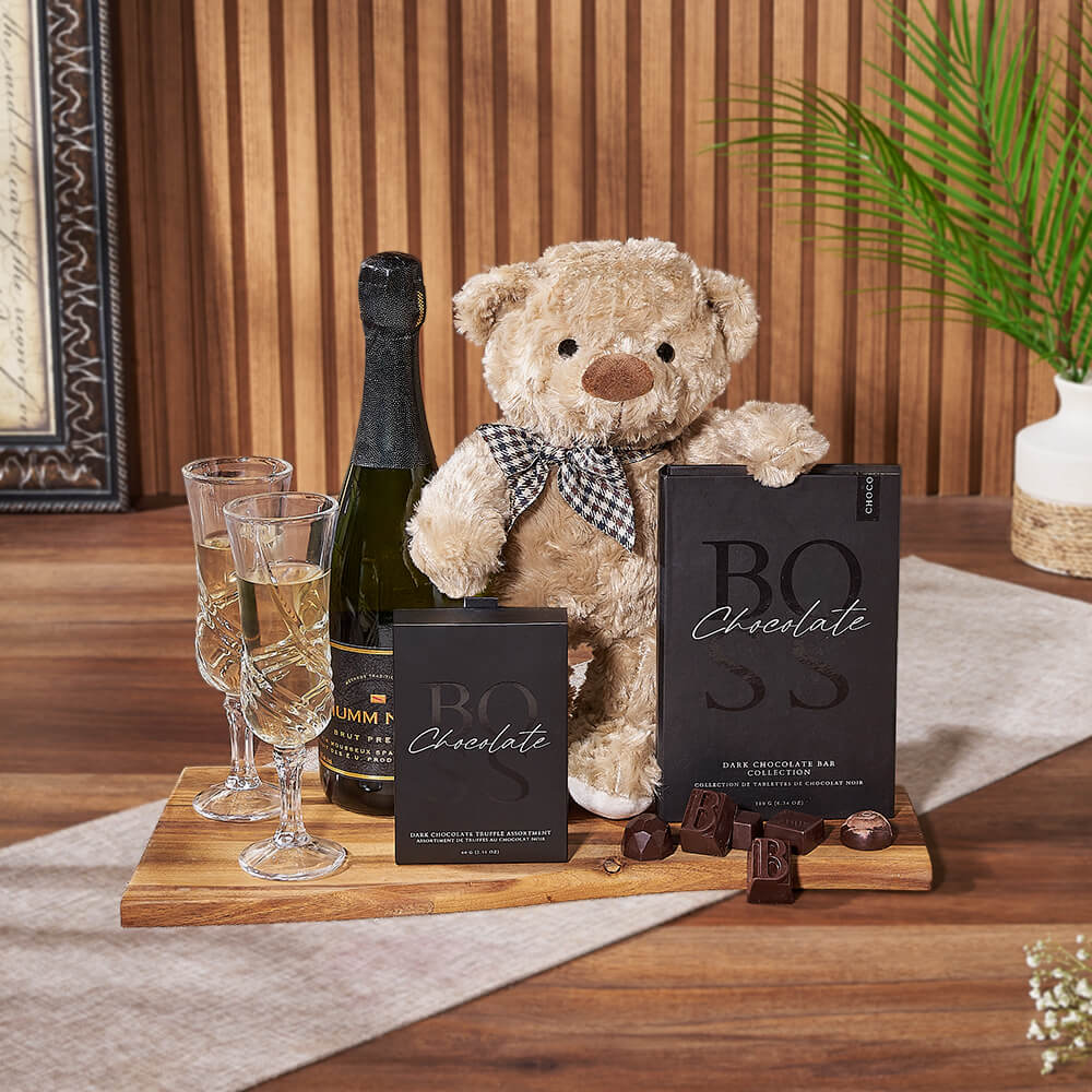 Deluxe Sparkling Wine Gift Basket with Boss Dark Chocolates and Plush Bear – how the gift is presented