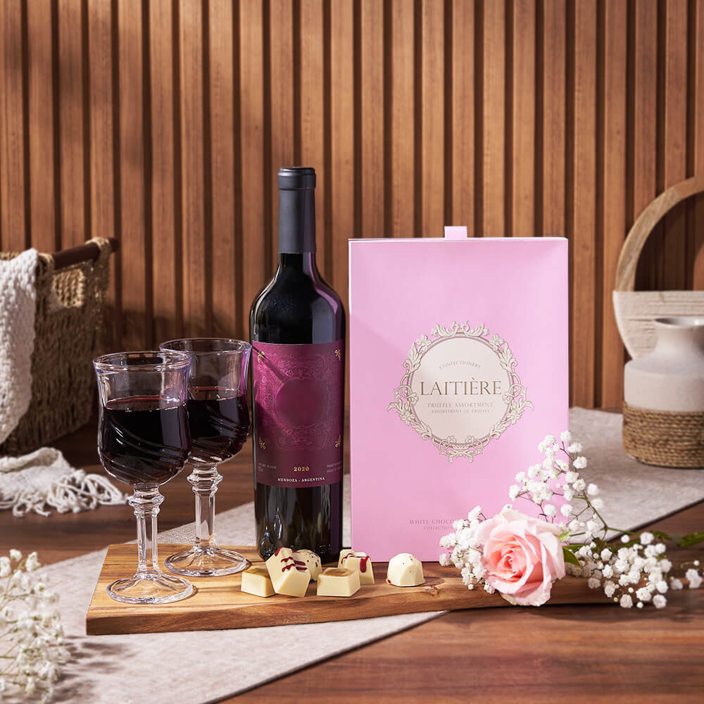 Uptown Wine &amp; Chocolate Gift Basket, wine gift, wine, chocolate gift, chocolate, rose gift, Los Angeles delivery