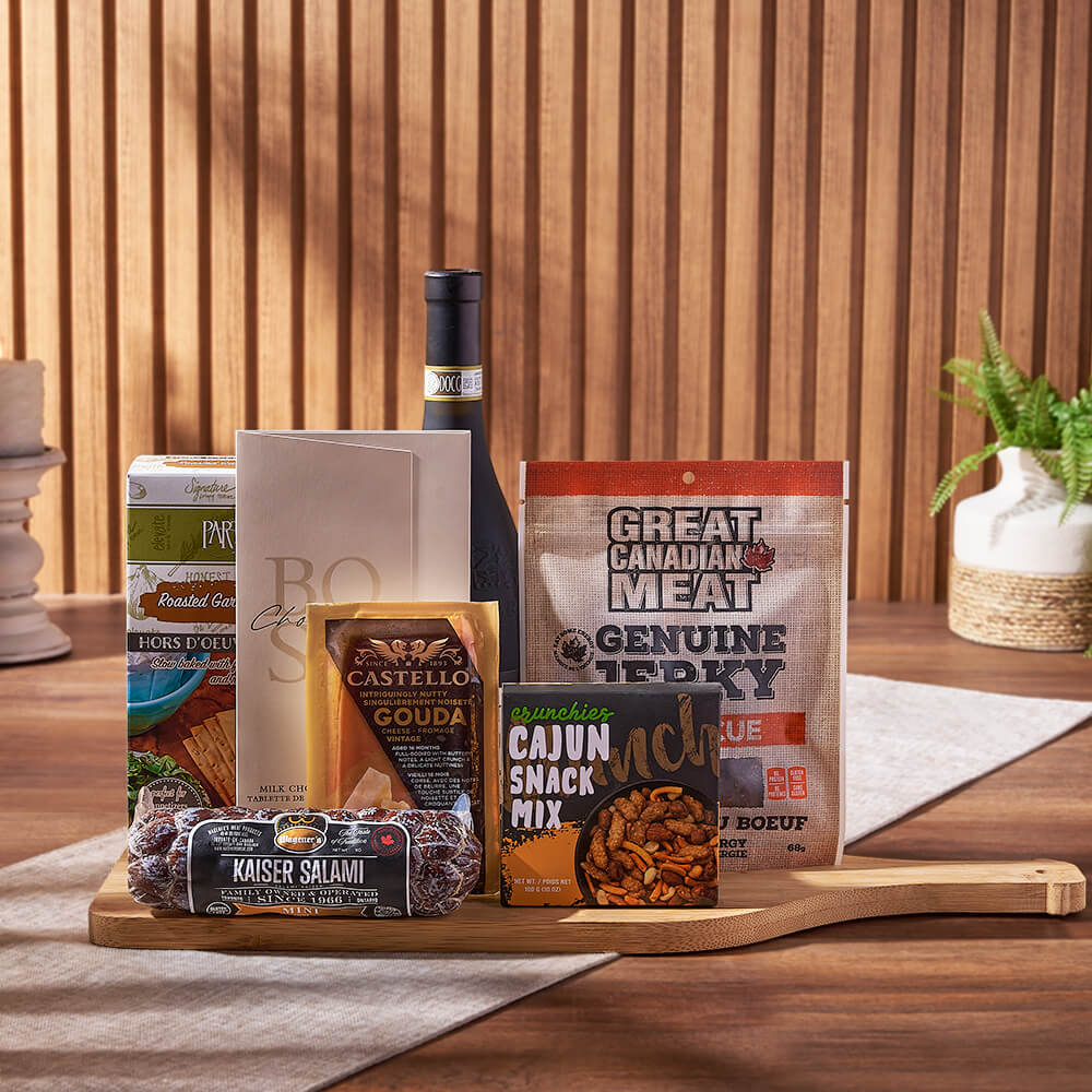 Wine &amp; Cheesy Treats Platter, wine gift, wine, cheese gift, cheese, salami gift, salami, gourmet gift, gourmet, Los Angeles delivery