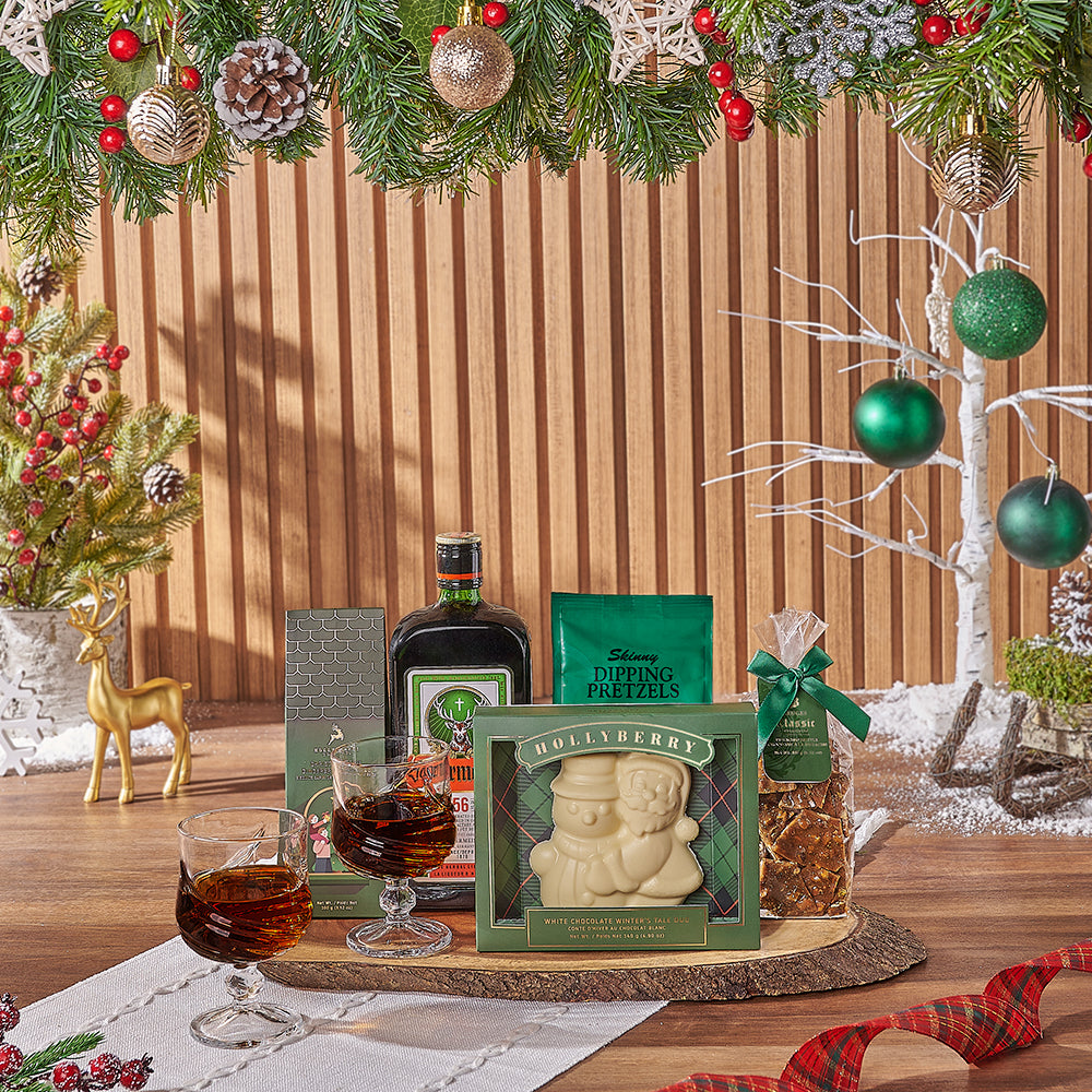 Yuletide Liquor &amp; Snack Basket, Christmas gift, Christmas, liquor gift, liquor, chocolate gift, chocolate, Los Angeles delivery