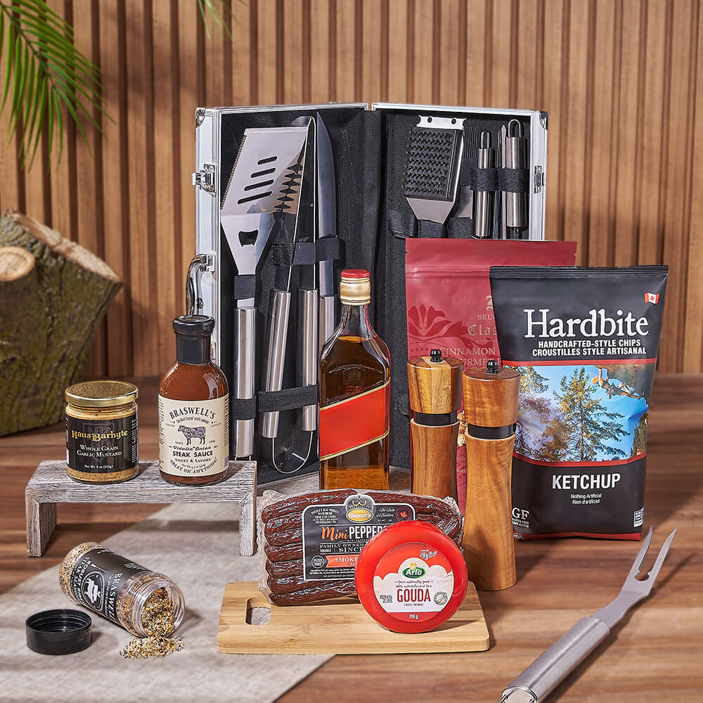 Gourmet Snack and Liquor Gift Basket in Aluminum Case with Grill Tools – how the gift is presented