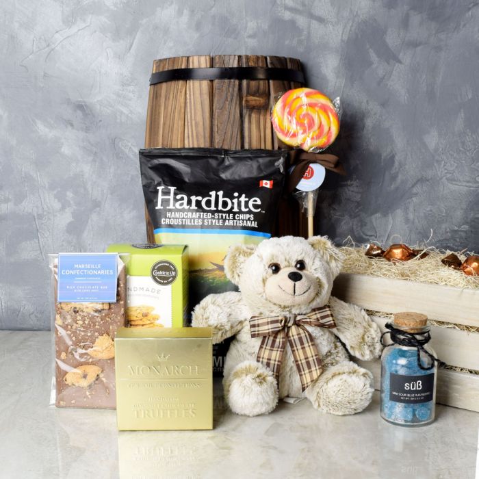 Silver Plush Bear Gift Crate with Gourmet Snacks – how the gift is presented